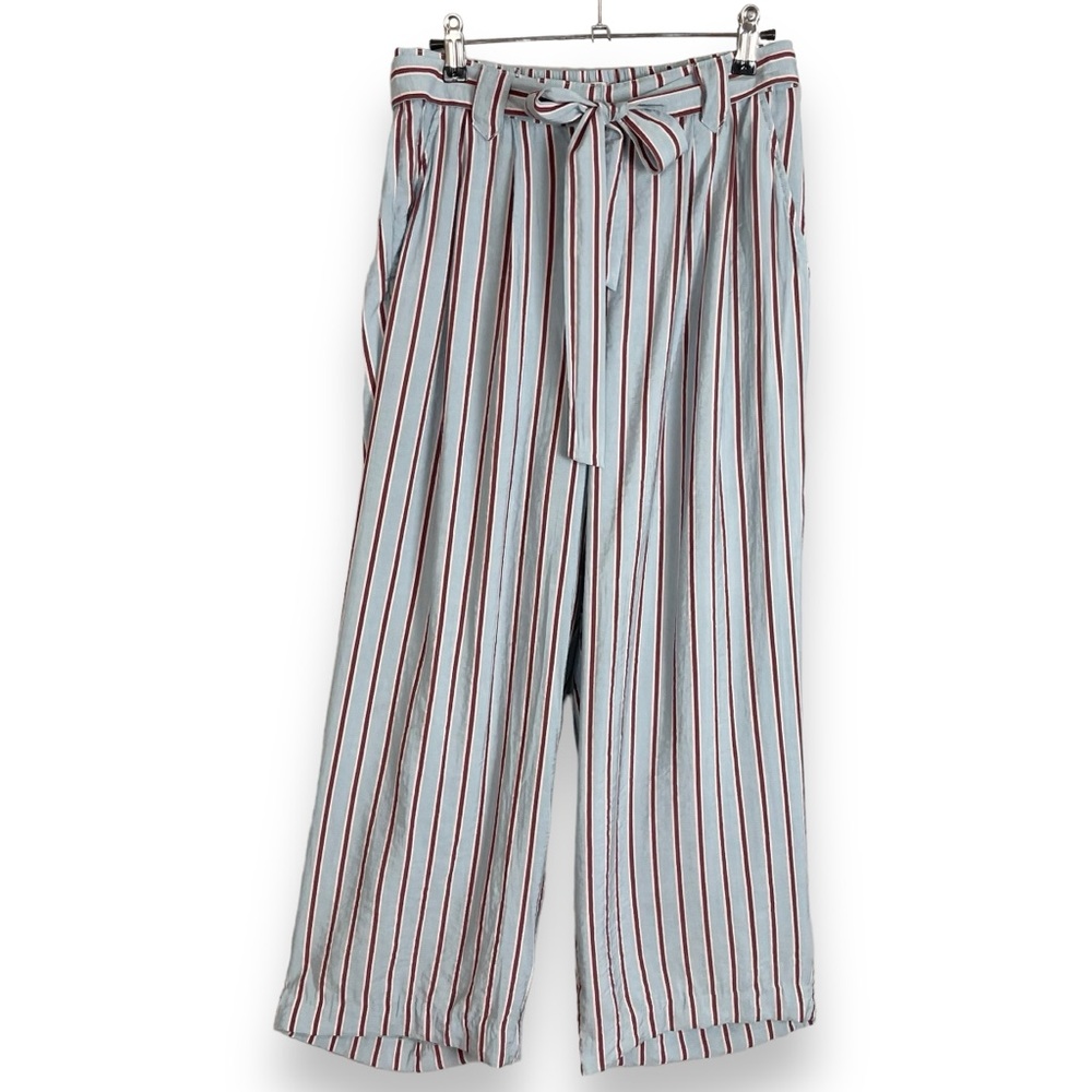 ICHI Pants Wide Leg Blue Striped Tie Belt Cropped Viscose Nylon EU Size 38 Beach